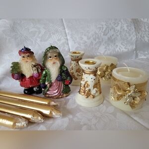 Holiday candles and candlestick holder